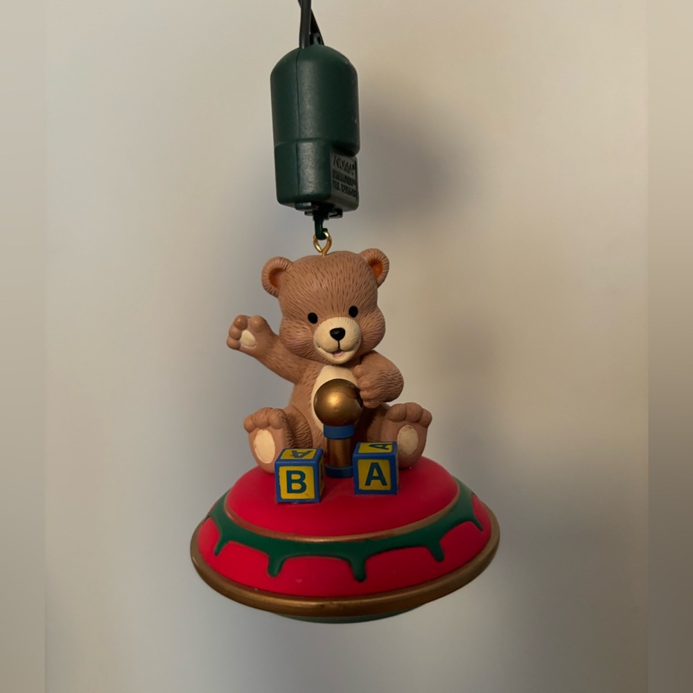 90's NOMA Ornamotion Teddy Bear on Red Top Ornament with motor